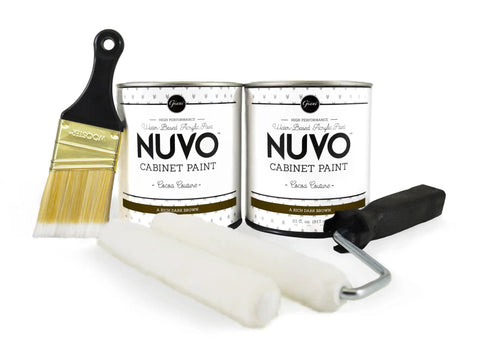 All In One Cabinet Paint Kit Cocoa Couture For A Quick Easy DIY Kitchen Makeover With Brush And Roll Application Delivers Rich Espresso Brown Finish In A Day featuring paint cans, brush, and rollers