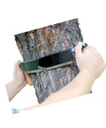 Pro Grade 10 Inch Curved Draw Knife Heavy Duty Woodworking Shaving Tool for debarking logs shown on tree bark.