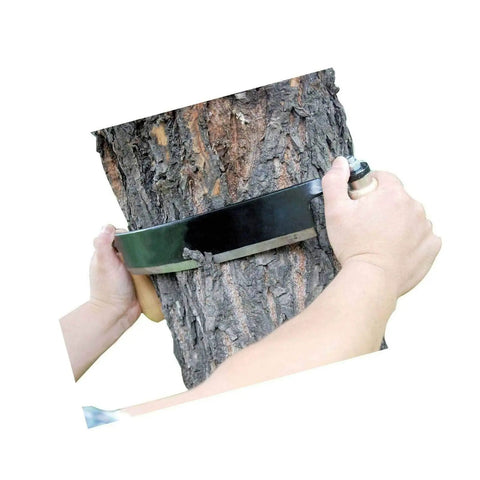 Pro Grade 10 Inch Curved Draw Knife Heavy Duty Woodworking Shaving Tool for debarking logs shown on tree bark.