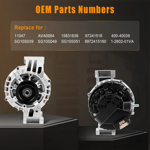 Front and rear view of 100 Amp 12 Volt Alternator for Chevy Colorado GMC Canyon Isuzu 2004-2006 with part numbers listed