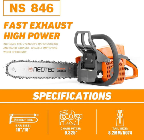 Lightweight Gas Chainsaw With 16 Inch Bar And Chain And 45.4cc Powerhead Delivers Real Cut Power 3 HP Output in orange and black
