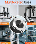 Center close-up of NEMA 23 bipolar stepper motor with flange and shaft; collage shows 3D printer and CNC equipment.