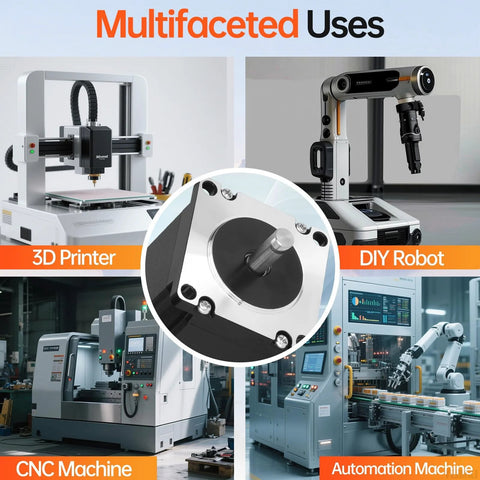 Center close-up of NEMA 23 bipolar stepper motor with flange and shaft; collage shows 3D printer and CNC equipment.