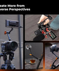 Collage showing 9.8 Inch Magic Arm Clamp Kit With Versatile One Quarter Inch And Three Eighths Inch Thread Screws in use with cameras.