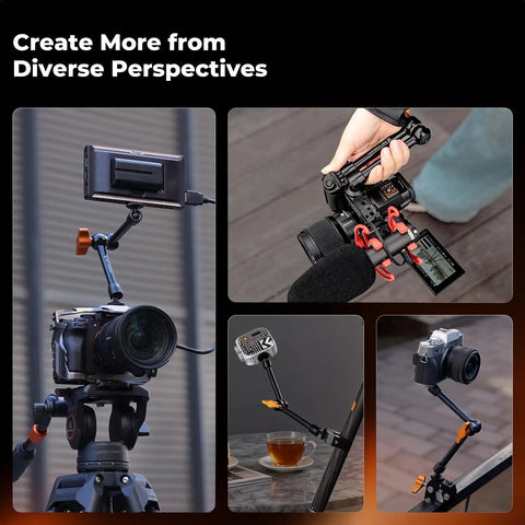 Collage showing 9.8 Inch Magic Arm Clamp Kit With Versatile One Quarter Inch And Three Eighths Inch Thread Screws in use with cameras.