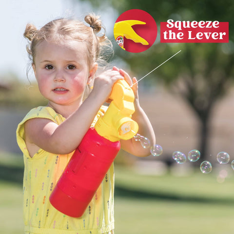 Child playing with Automatic Bubble Blower Fire Extinguisher Style Bubble Machine With 230 Ml Bubble Solution For Kids