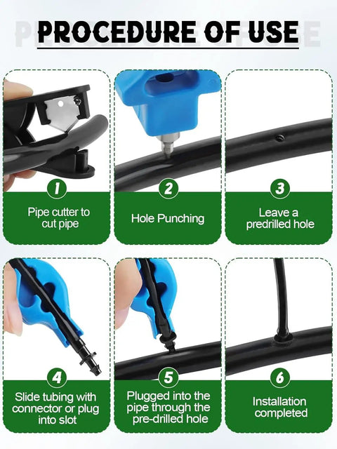 Step-by-step use of All In One Drip Irrigation Kit With 2 In 1 Hole Punch And Hose Cutter 34 Pc Tool Set Including 16 Barbed Connectors And 16 Drip Plugs