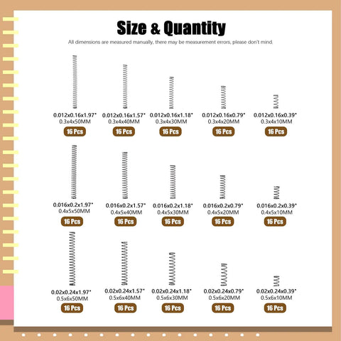 240 Piece Compression Springs Kit, 15 Size Stainless Steel Mini Springs For Home And Workshop Repairs, sizes and quantities chart