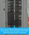 Knockout One Inch Breaker Filler Plates 10 Pack Universal Circuit Breaker Covers in an electrical panel filling unused one inch spots.