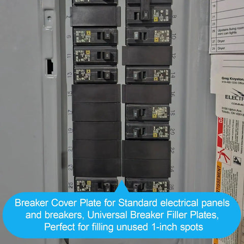 Knockout One Inch Breaker Filler Plates 10 Pack Universal Circuit Breaker Covers in an electrical panel filling unused one inch spots.