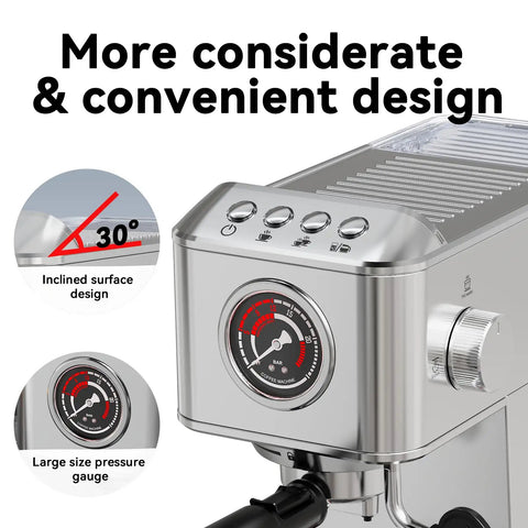 Slick Stainless Steel Espresso Machine Serving Hella Creamy Shots With 20 Bar Pressure And Automatic Milk Frother For Killer Cappuccinos Compact Home Brewer Keeps Your Daily Drip Smooth And Stress Free, showing pressure gauge and control panel.