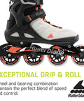 Close-up of Macroblade 80 Women's Fitness Inline Skates For Casual Cruising And Entry Level Training, grey and coral design.