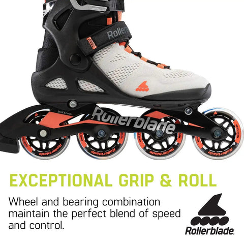 Close-up of Macroblade 80 Women's Fitness Inline Skates For Casual Cruising And Entry Level Training, grey and coral design.