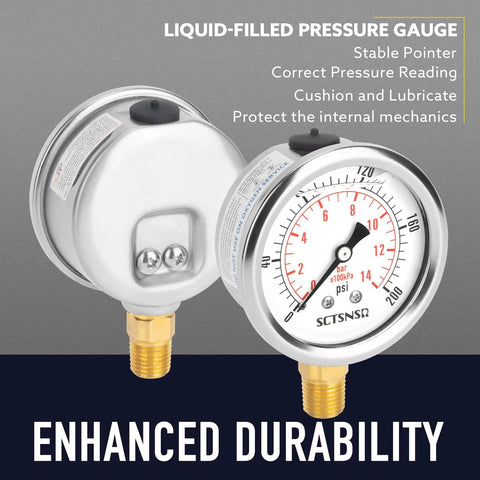 Beefy 2-1/2 Inch Dial Pressure Gauge 0-200 PSI Glycerin Filled Lower Mount 1/4 Inch NPT Stainless Steel Case For Air Compressors Shocks Water Systems Well Pumps Tanks Pipes Pressure Test, dual view