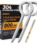 Two Pack 6 Inch Heavy Duty Screw Eyes Hooks In 304 Stainless Steel Self Tapping Eye Bolts For Wood And Securing Wires And Cables With 800 Lbs Breaking Strength M10 Size Argent Silver Finish with drill bit