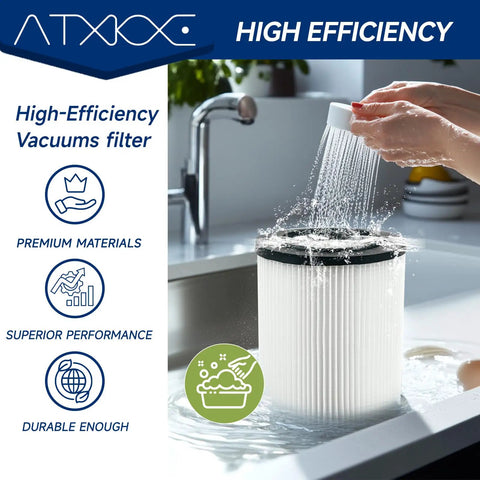 VF4000 Wet Or Dry Vacuum Replacement Filter Two Pack being washed under tap showing high efficiency and premium materials