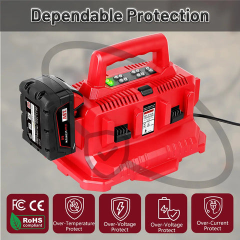 Six Port 18V Battery Charger Station For M18 Tools showing LED indicators and power select button