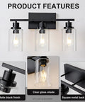 Top Shelf Matte Black Three Light Bathroom Vanity Fixtures With Clear Glass Shades showcasing matte finish and clear shades.