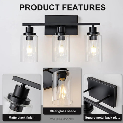 Top Shelf Matte Black Three Light Bathroom Vanity Fixtures With Clear Glass Shades showcasing matte finish and clear shades.