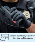 Top-Tier Black Nitrile Disposable Gloves In A Massive 1000-Count Box, 4 Mil Extra-Thick Cushioning X-Large Fit used by a police officer.