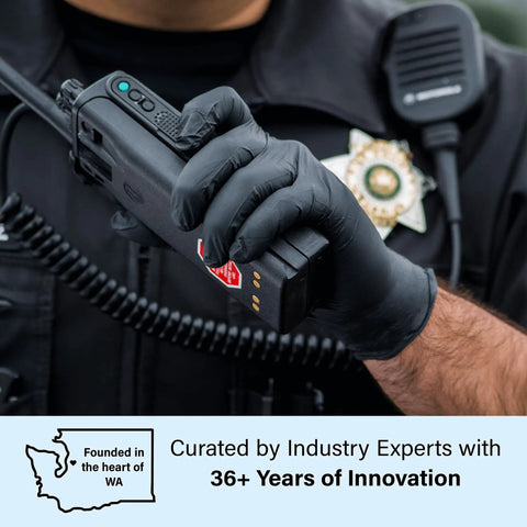 Top-Tier Black Nitrile Disposable Gloves In A Massive 1000-Count Box, 4 Mil Extra-Thick Cushioning X-Large Fit used by a police officer.