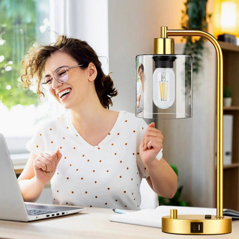 Gold Industrial Table Lamp Set With USB Port, Dope Stepless Dimmable Bedside Lamps for Nightstands, clear glass shade, desk use