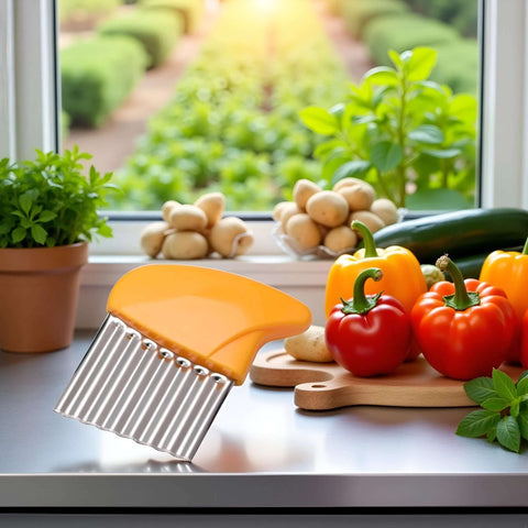 Crinkle cutter with orange handle and stainless steel ribbed blade for slicing vegetables.