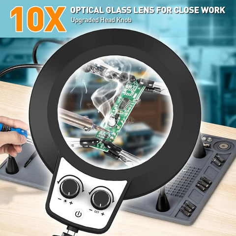 Soldering Station With 10X Lighted Magnifying Glass On Stand Non Slip Repair Mat And LED Dimmer Lamp For Electronics Craft And Model Work That Delivers Pro Grade Brightness Control, showing close-up work.