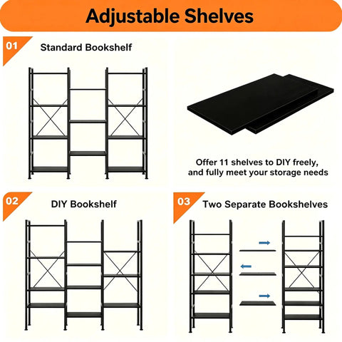 Triple Column 4 Tier Industrial Bookshelf with 11 Open Display Shelves showing adjustable shelving options