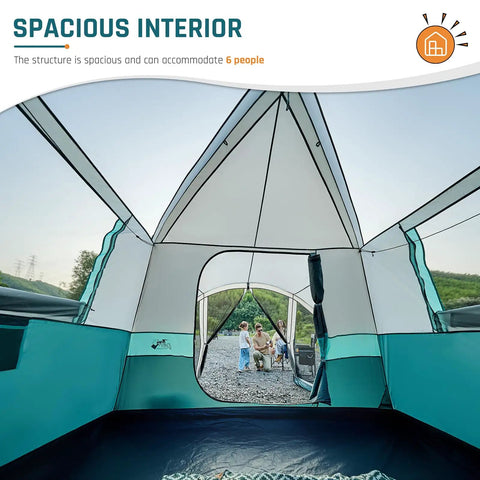 Interior view of Six Person Family Camping Tent With Screen Porch Weatherproof All Season Large Cabin Style Shelter