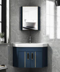 Sleek Wall Mount Vanity Sink With Floating Cabinet And Brushed Nickel Faucet Real Easy Install For Tiny Bathrooms And Urban Condos Compact Corner Basin Shown In Navy Blue Finish.