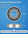 10-Pack 608-RS Ball Bearings With Double Rubber Seals For Skateboards Inline Skates Scooters Roller Blades And Longboards, Pro Grade Deep Groove Bearings For Smooth Spin And Lasting Durability, 8mm x 22mm x 7mm displayed with dimensions on blue background