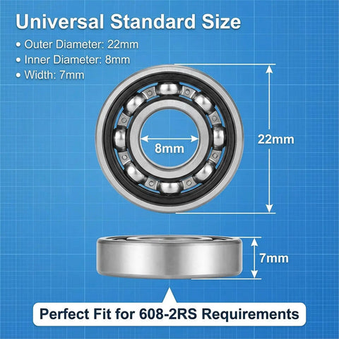 10-Pack 608-RS Ball Bearings With Double Rubber Seals For Skateboards Inline Skates Scooters Roller Blades And Longboards, Pro Grade Deep Groove Bearings For Smooth Spin And Lasting Durability, 8mm x 22mm x 7mm displayed with dimensions on blue background