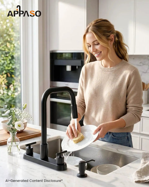 APPASO 4 Hole Kitchen Faucet Matte Black, Dual Handle with Soap Dispenser being used for washing dishes in a modern kitchen.