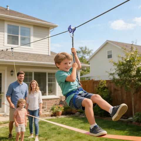 Child using Heavy Duty Zip Line Trolley With Easy Setup For Backyard Fun Smooth Sliding Pulley Brake Stopper Kid Friendly 5 Plus