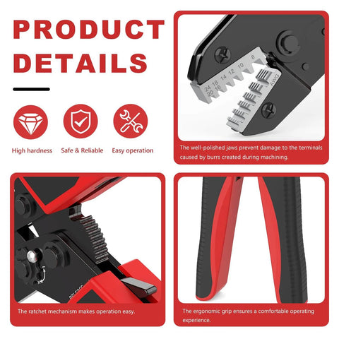Ferrule Crimping Tool For 24-8 AWG Wire, Ratchet Crimp Tool details showing jaws, ratchet, and ergonomic grip