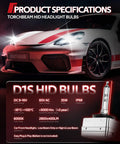 Car with D1S Xenon HID Bulbs 6000K Cool White With 150 Percent Longer Beam Distance IP67 Waterproof specifications displayed