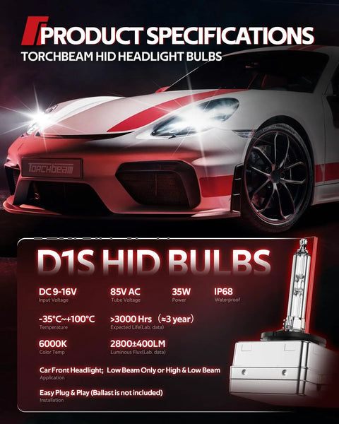 Car with D1S Xenon HID Bulbs 6000K Cool White With 150 Percent Longer Beam Distance IP67 Waterproof specifications displayed