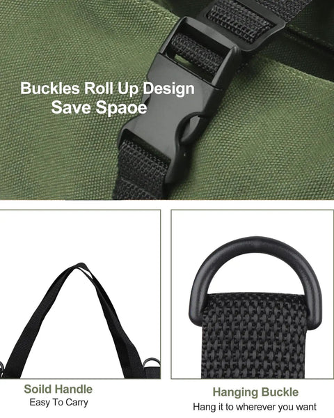 Close-up of buckles and handle on Sturdy Canvas 16oz Tool Roll Up Bag For Wrenches And Tools, Grab And Go Multi Purpose Organizer