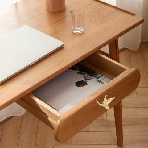 Wooden desk with open drawer fitted with Brass Leaf Drawer Pulls For Cabinets And Wardrobes, Vintage Kitchen Cupboard Hardware.