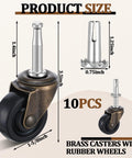 Ten Pack Vintage Brass Stem Caster Wheels With 1-5/8 Inch Rubber Wheels, 1.4 Inch Stem And 0.75 Inch Socket Diameter dimensions