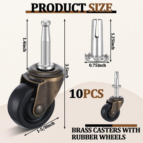 Ten Pack Vintage Brass Stem Caster Wheels With 1-5/8 Inch Rubber Wheels, 1.4 Inch Stem And 0.75 Inch Socket Diameter dimensions