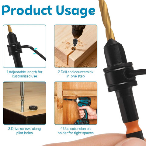 Slick 5-Piece Adjustable Countersink Drill Bit Set with Magnetic Extension Holder demonstrating usage for wood and soft metal projects.