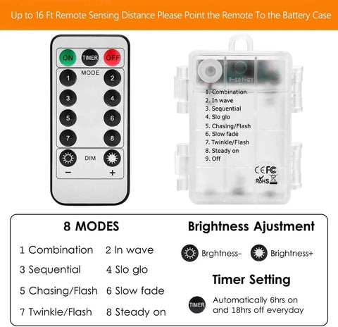 Remote control and battery case for Outdoor Battery Operated LED Rope Lights 40 Ft With 120 LEDs, 8 Modes, Dimmable and Timed.