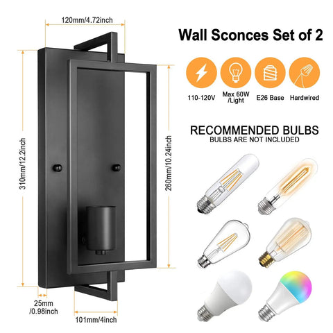Industrial Wall Sconces Set of 2 in Matte Black Metal, Vintage Modern Style, E26 Base, Hardwired wall mount with bulb options