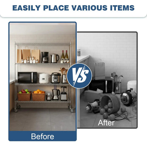 Comparison of organized items on Heavy Duty 5-Tier Wire Storage Rack On Wheels, Tool-Free Assembly, each shelf supports 250 kg.