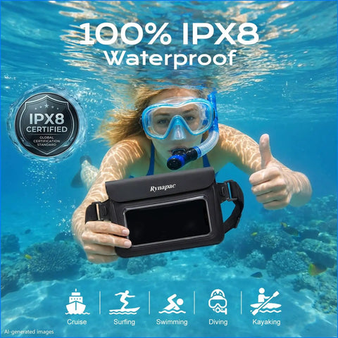 Woman snorkeling underwater showing Two Pack Waterproof Fanny Pack With IPX8 Dry Belt Bag Touch Screen Phone Pouch Wallet.