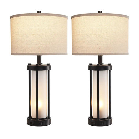 Set Of 2 Modern Table Lamps With USB Ports And Nightlight, Black Finish And White Frosted Glass, Sleek Yet Cozy Glow
