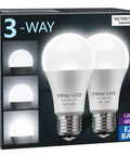 Box of Three Way LED Bulbs A19 E26 Base Daylight 5000K 50W 100W 150W Equivalents, 500lm 1000lm 1500lm, Two Pack