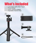 Extendable Mini Tripod For GoPro Hero Cameras And Osmo Pocket with accessories in packaging, 8 to 23.6 inch height.
